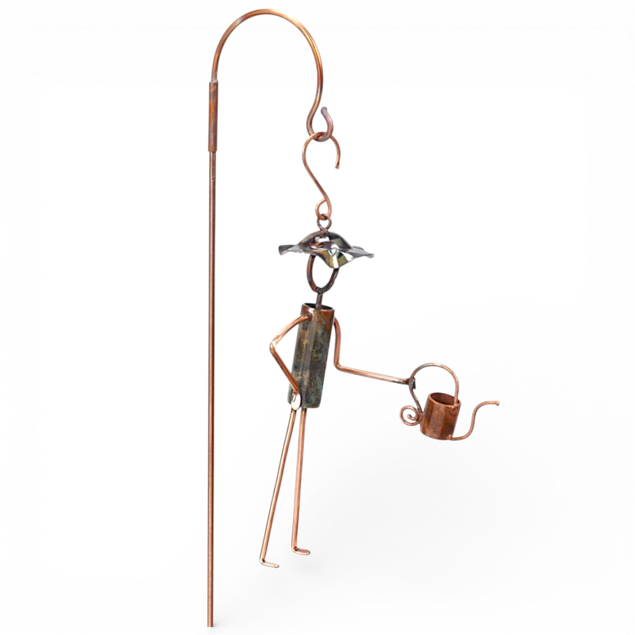 A handcrafted copper garden sculpture of a gardener holding a watering can is a whimsical addition to your spring garden