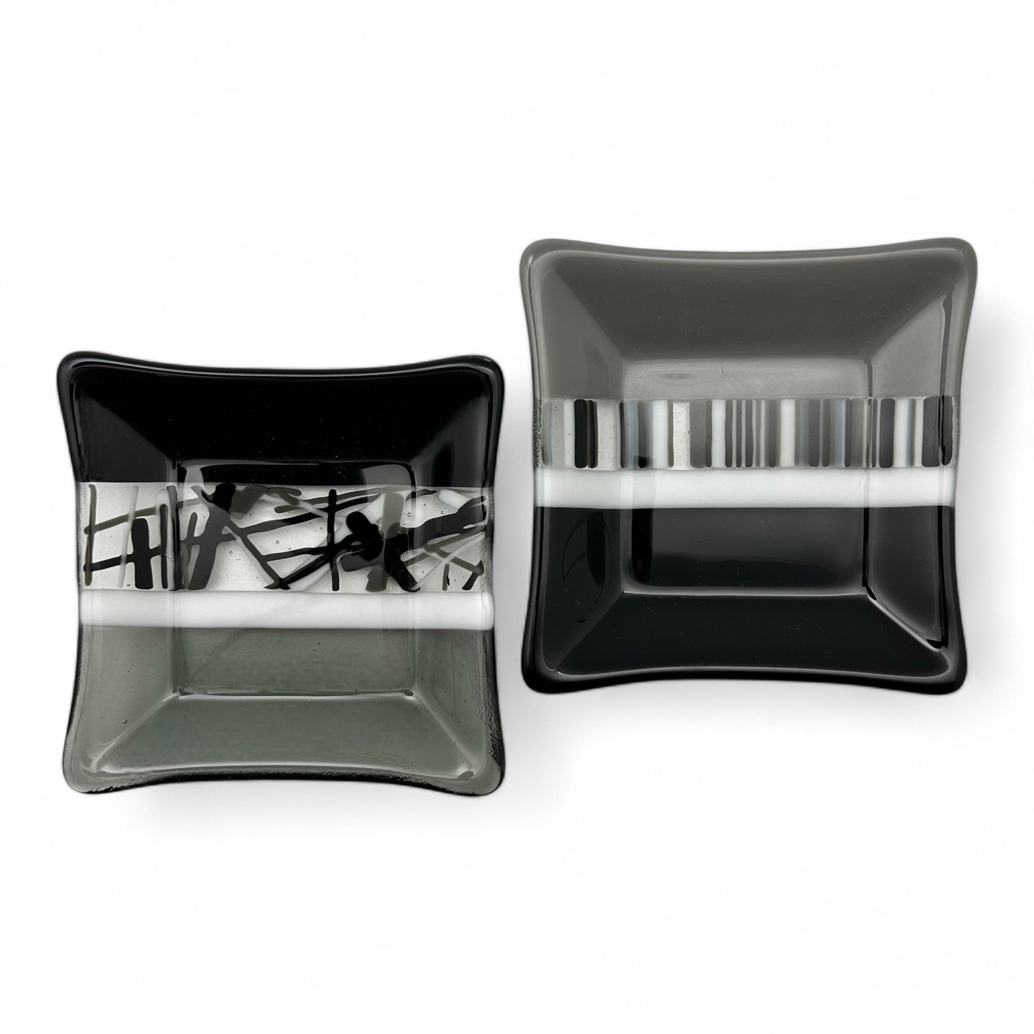 glass dishes with patterns measure 5 x 5 square