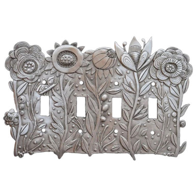 pewter switchplate for 4 light switches with a glorious garden motif