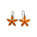 A pair of hand-enameled orange flower-shaped drop earrings with hypoallergenic niobium wire hooks.