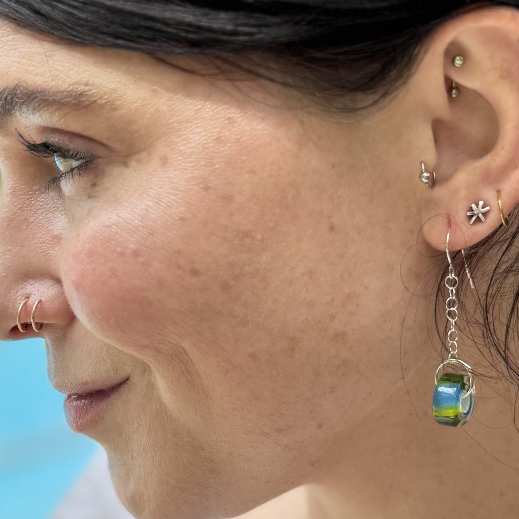 green and blue earrings handcrafted from handmade glass beads and sterling silver