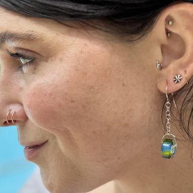 green and blue earrings handcrafted from handmade glass beads and sterling silver