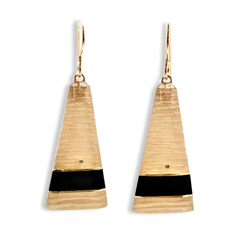 hand-carved silver and resin earrings with gold and black accents