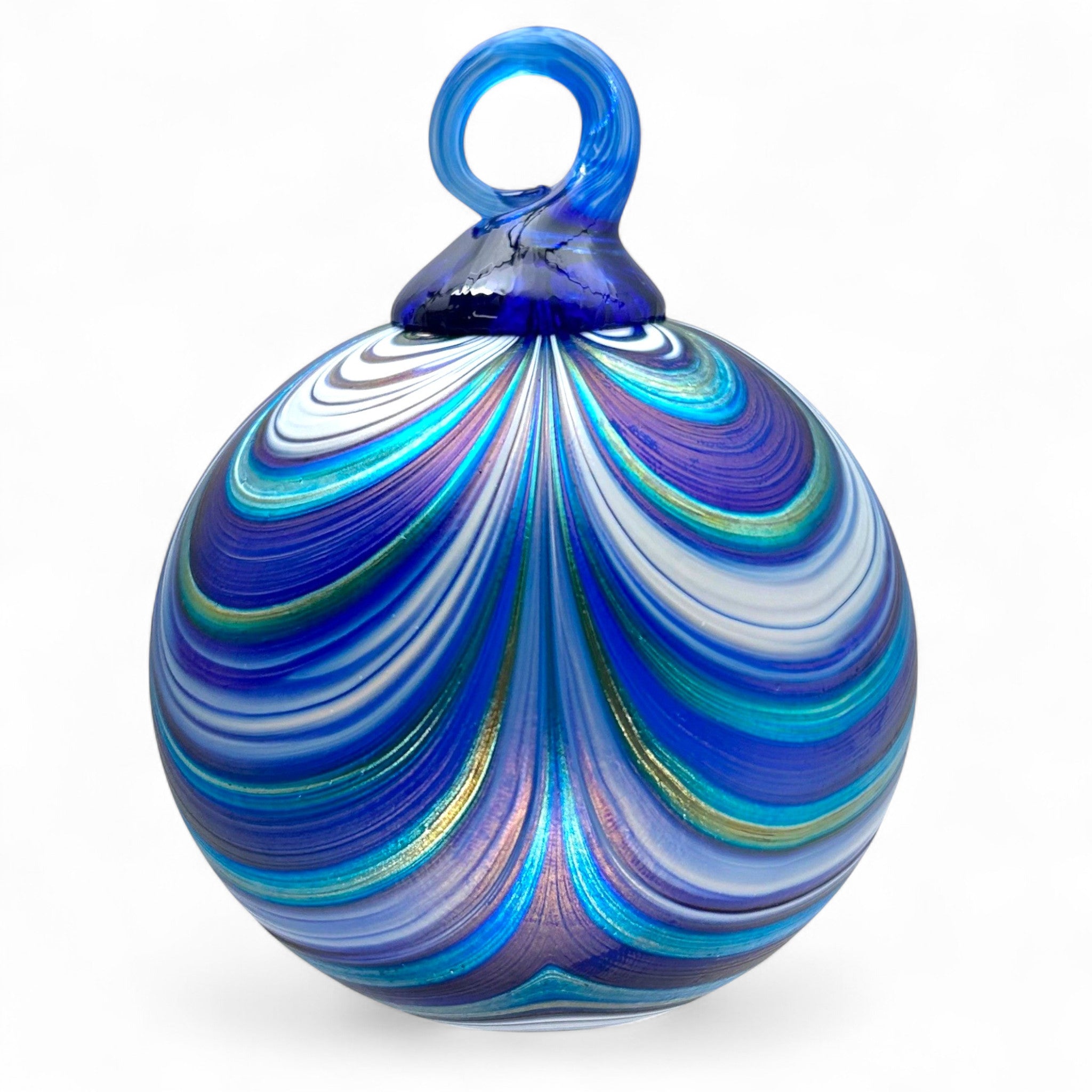 Colorful handcrafted glass ornament with swirling patterns 