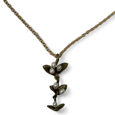A bronze hand-painted pendant featuring a stylized vine with freshwater pearls, attached to a gold-colored chain.