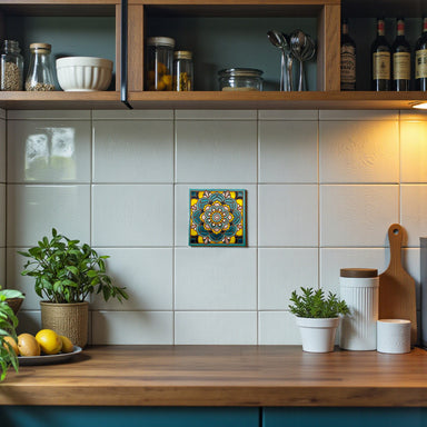 Hand-glazed colorful tile can be hung on a wall or used as a trivet.