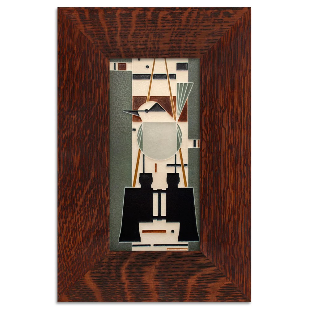 framed art tile with bird motif and quarter-sawn oak frame