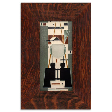 framed art tile with bird motif and quarter-sawn oak frame