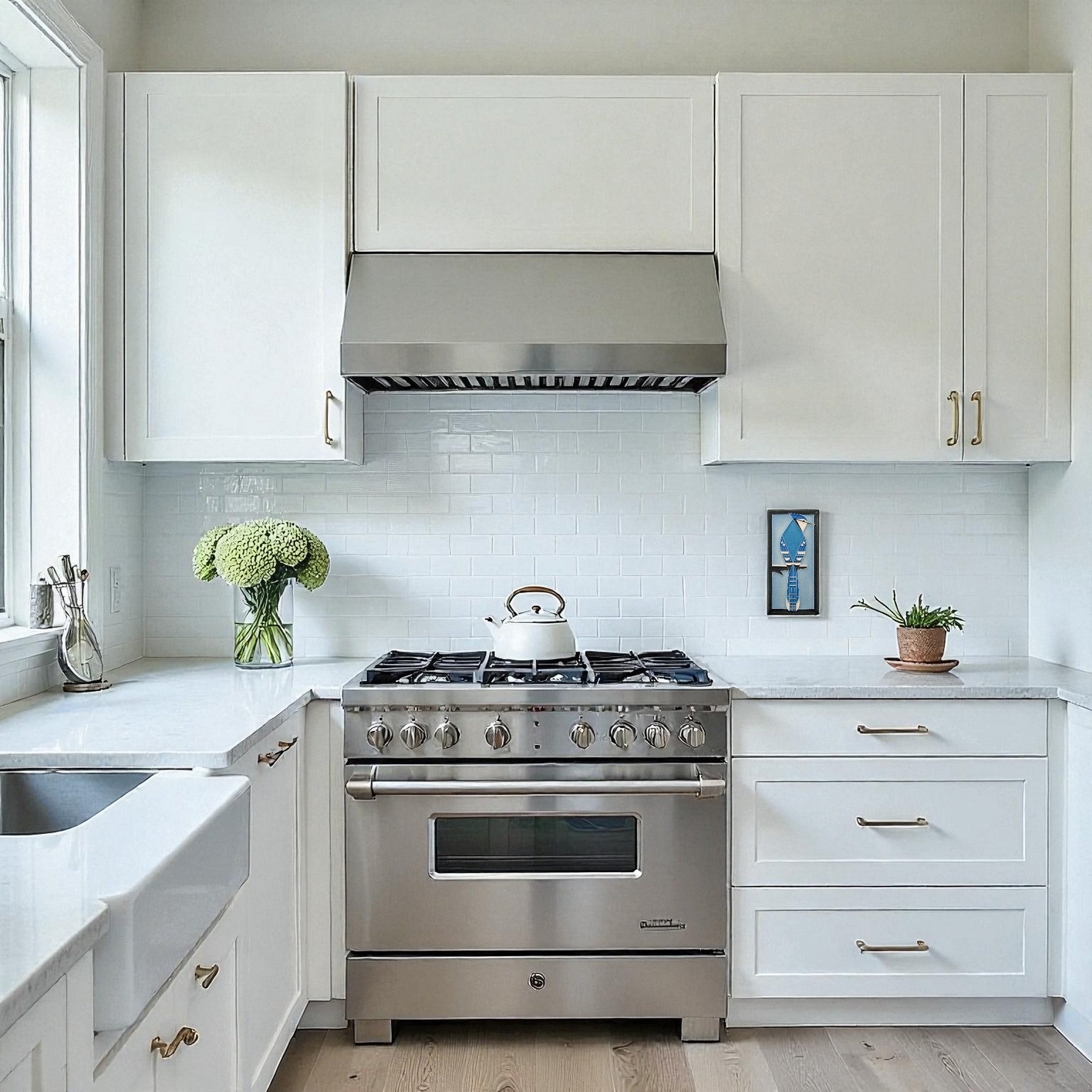 handcrafted blue jay tile hanging on the wall in a modern kitchen