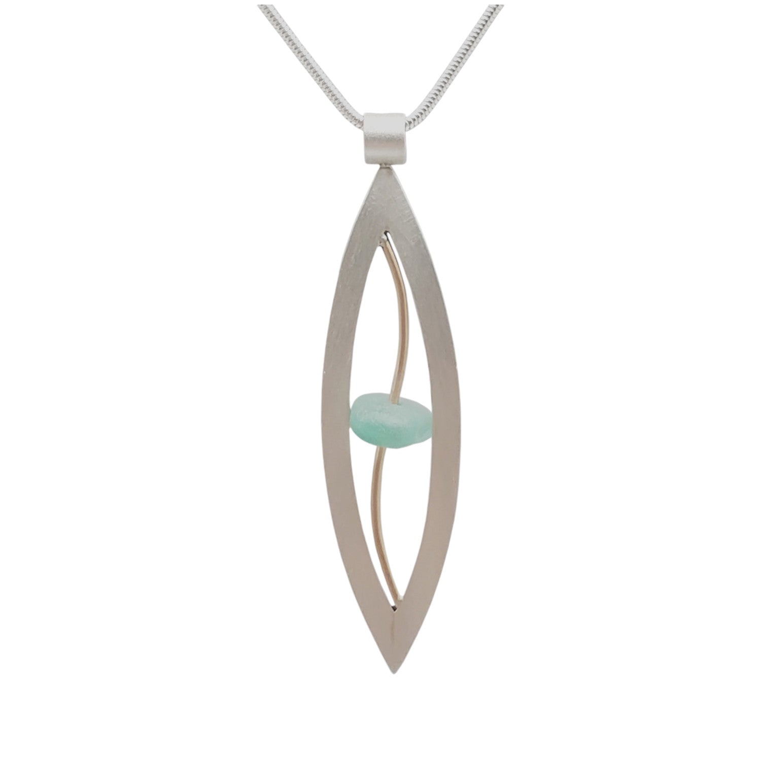 A brushed sterling silver necklace with a gold fill bar and a piece of natural seaglass in the center, hanging from an 18 inch sterling silver chain.