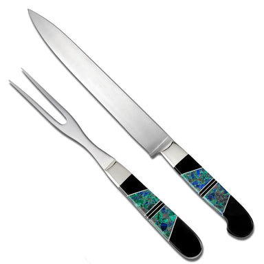 A handcrafted stainless steel carving fork and knife set with jet and azurite color accents on the handles