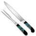 A handcrafted stainless steel carving fork and knife set with jet and azurite color accents on the handles