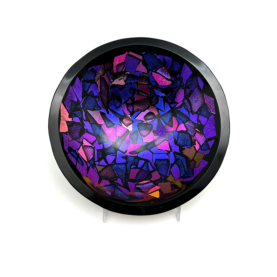 decorative glass bowl handcrafted using dichroic glass with purple,pink,blue, and periwinkle
