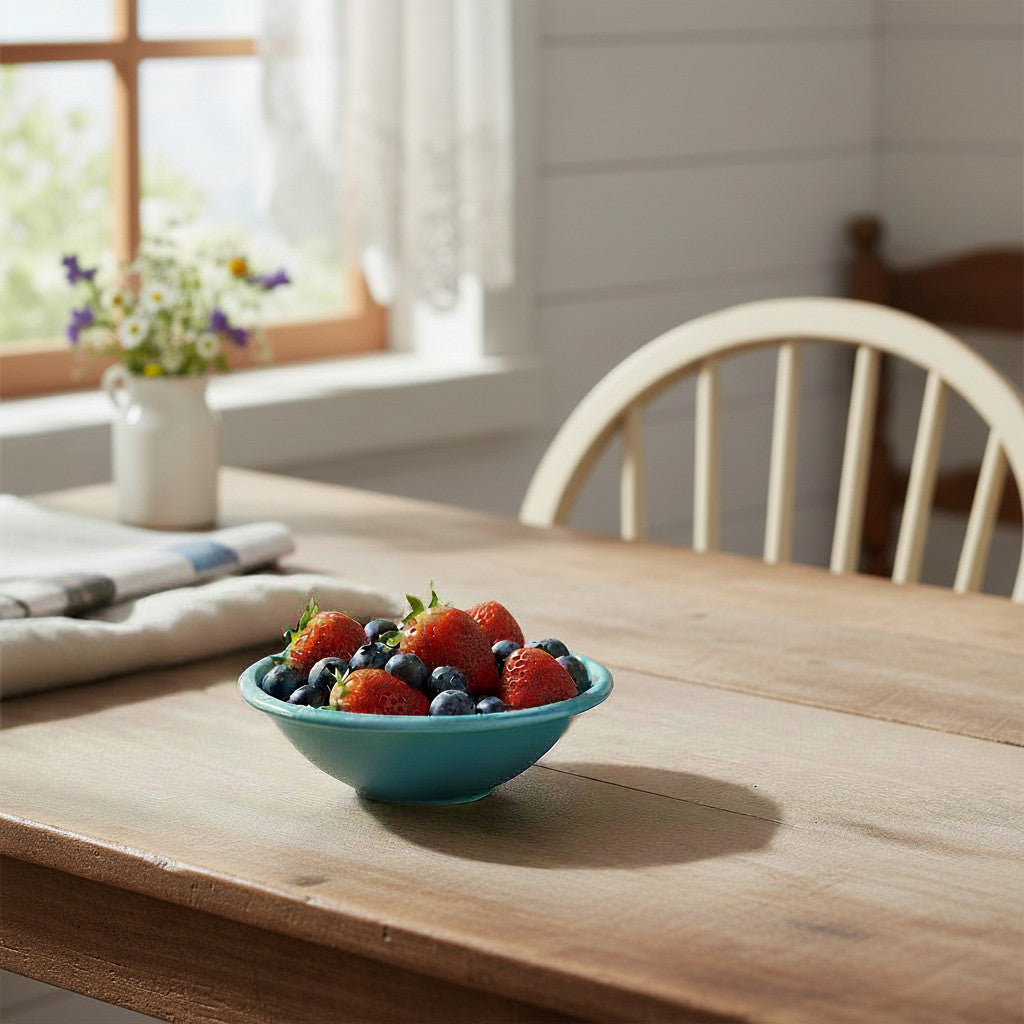 Bowl of berries on a wooden table with a window and chair in the background. 