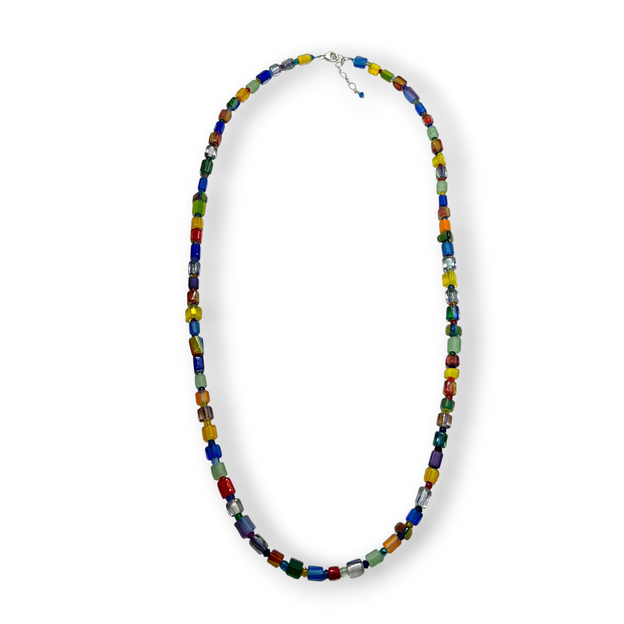 Colorful beaded necklace on a white background