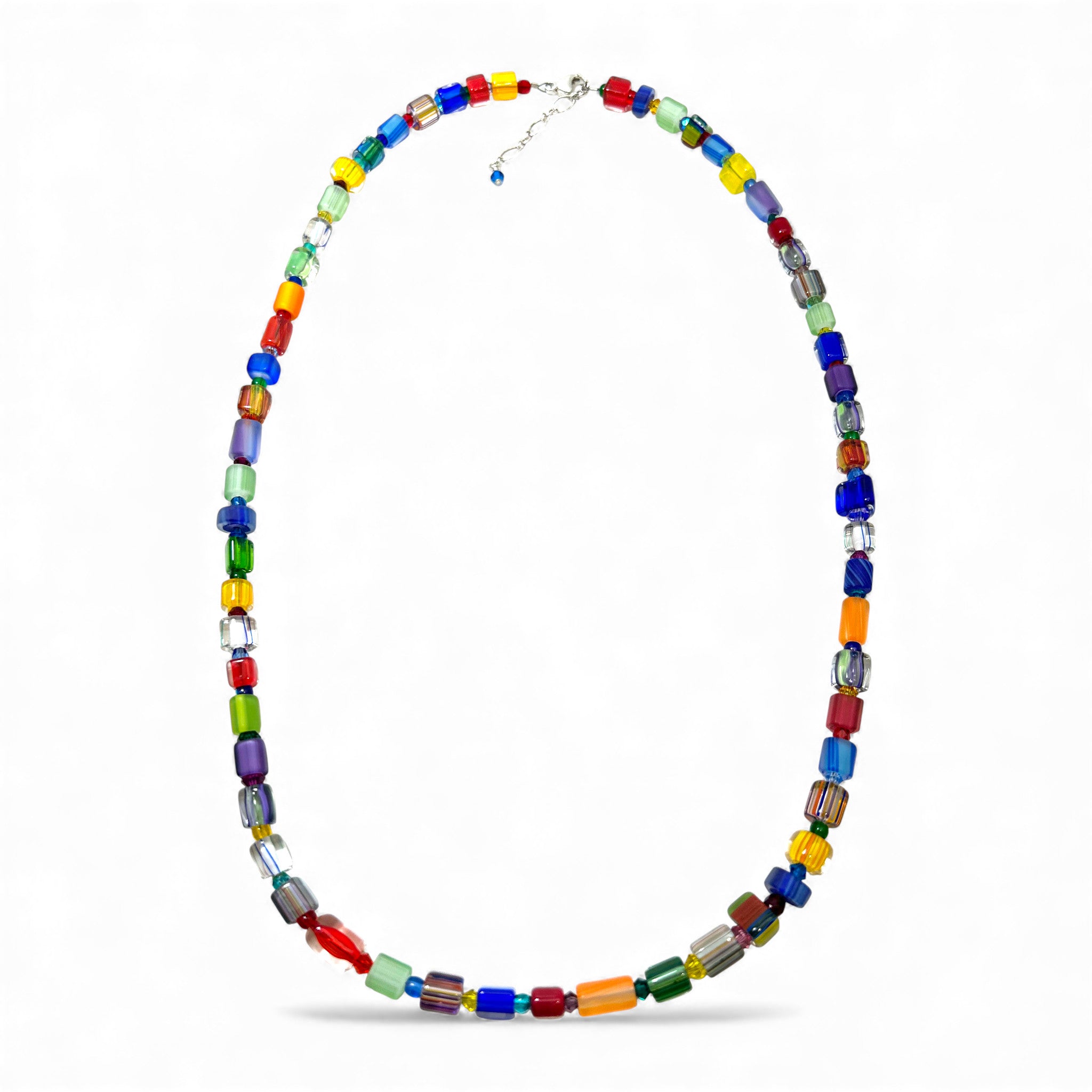 Colorful beaded necklace on a white background