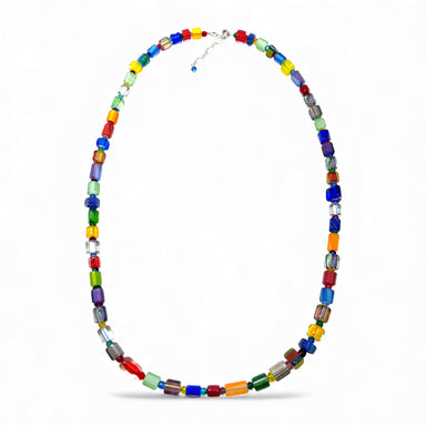 Colorful beaded necklace on a white background
