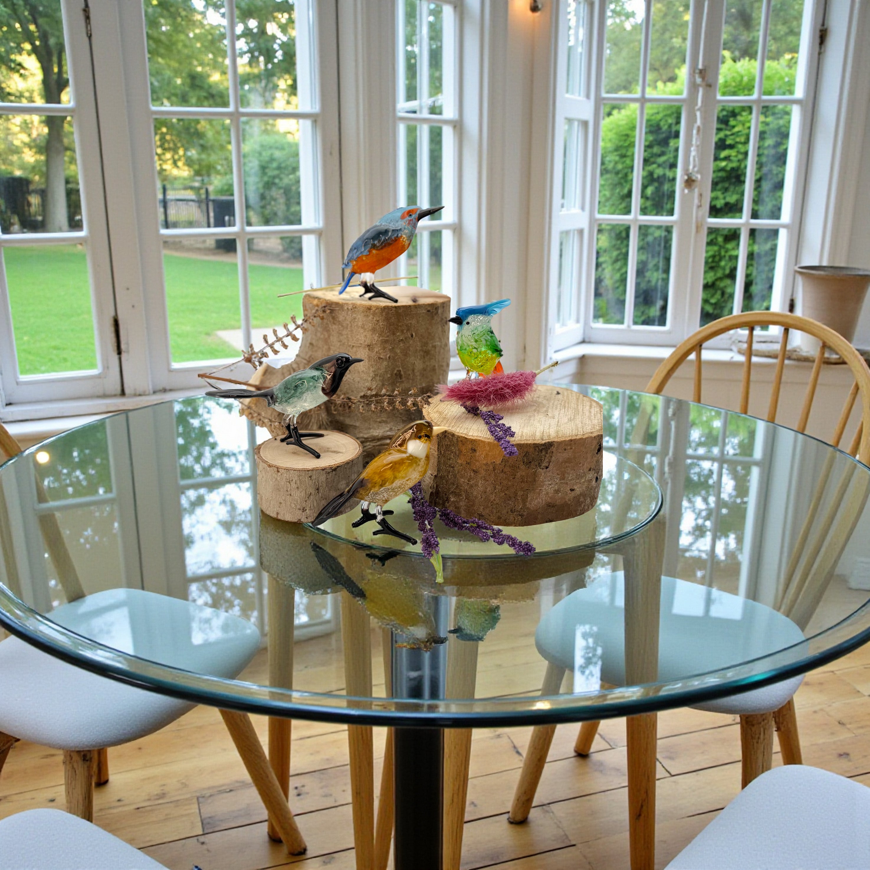 Decorative bird figurines on a glass table with a view of a garden.