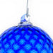 Close-up of a blue textured handblown glass infinity globe with a glass hanging hook.