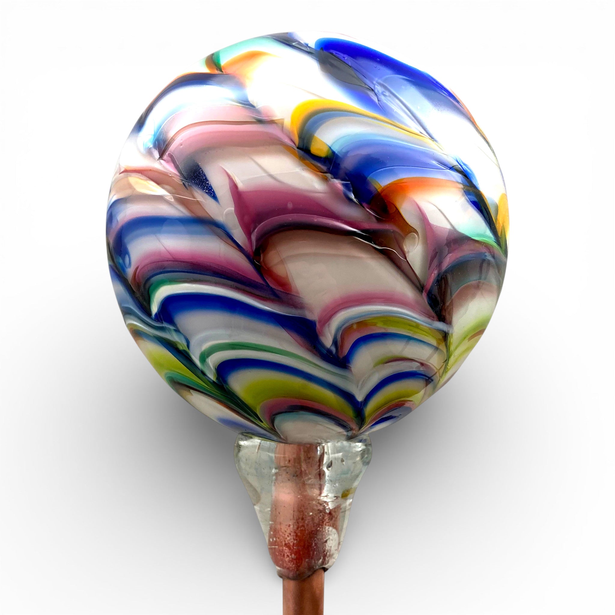 Colorful feather-pattern garden globe is handcrafted from glass, and is a wonderful accent for outdoor gardens