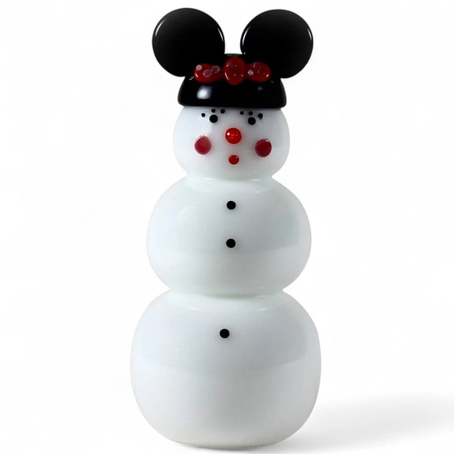 Handcrafted glass snowman with Minnie Mouse ears 
