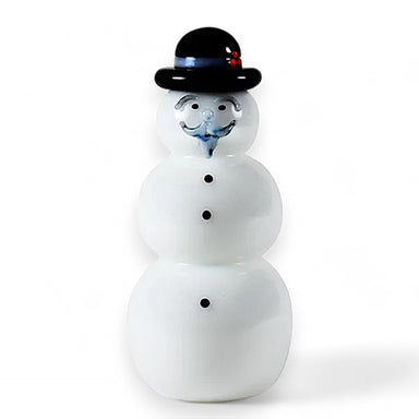 A hand-sculpted glass snowman with a black top hat and a white body, displaying a happy facial expression.