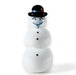 A hand-sculpted glass snowman with a black top hat and a white body, displaying a happy facial expression.