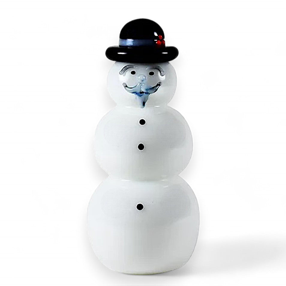 A hand-sculpted glass snowman with a black top hat and a white body, displaying a happy facial expression.