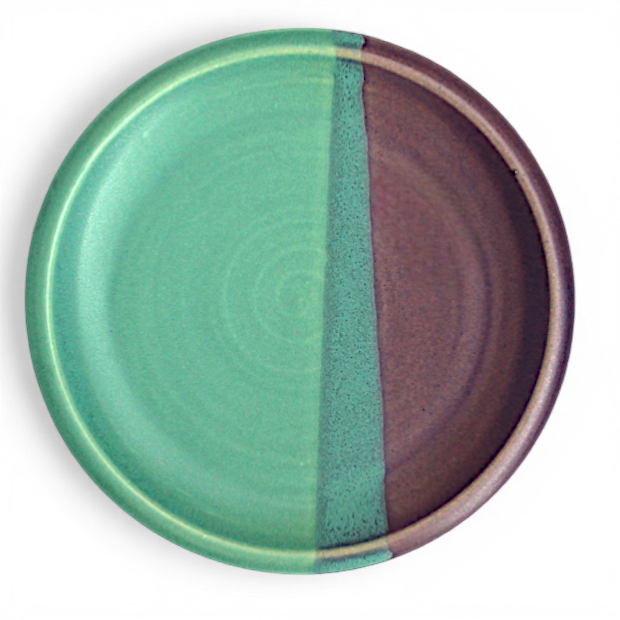Handcrafted ceramic dessert plate with green and purple double glaze adds color and style to entertaining with friends