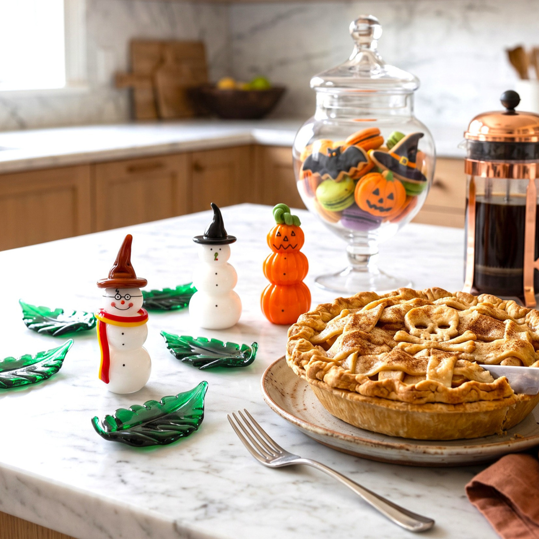 A styled kitchen countertop with a baked pie on a plate in the foreground, decorative handcrafted glass snowman and pumpkin figures, green handcrafted glass leaf sculptures, and a glass jar of Halloween cookies. 