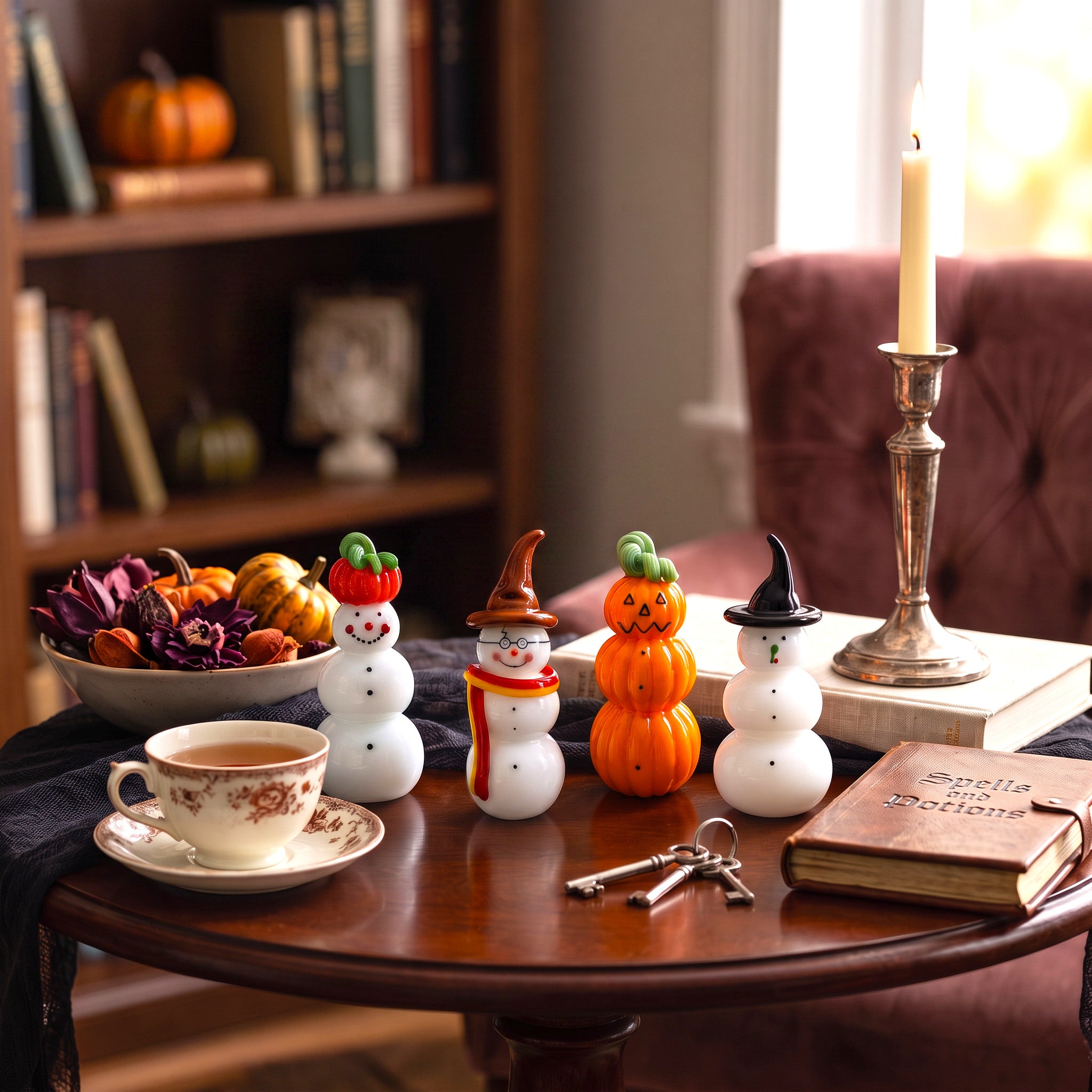 Four small handcrafted glass snowman figurines displayed on a round wooden table in a cozy room setting. 