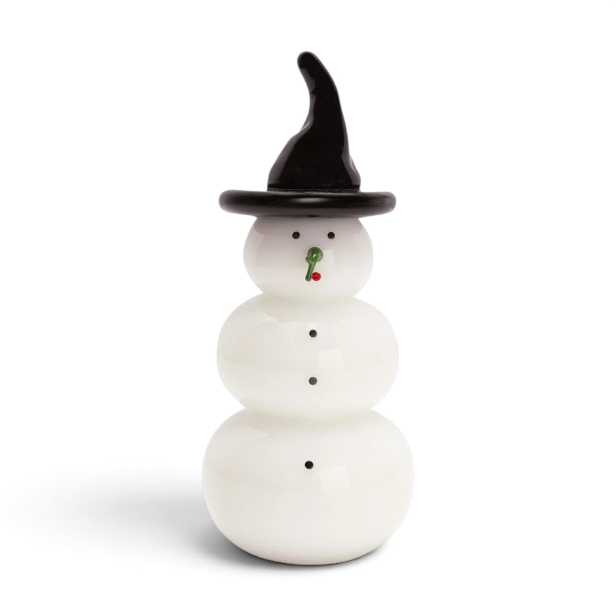 A handcrafted glass witch snowman with a black pointed witch hat and a small green and red painted face.    