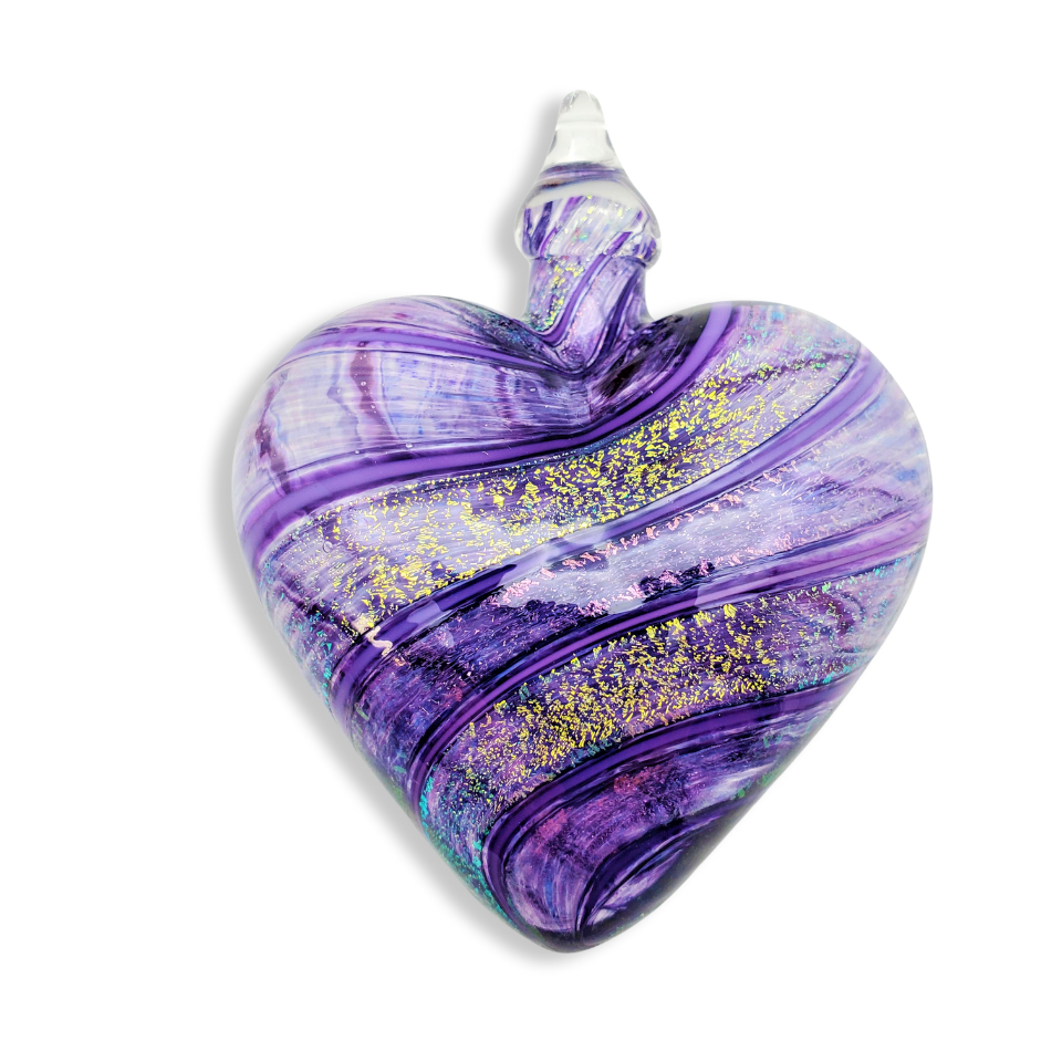 swirls of purple, pink, and gold make this handblown glass heart ornament a wonderful gift for a Valentine or special someone