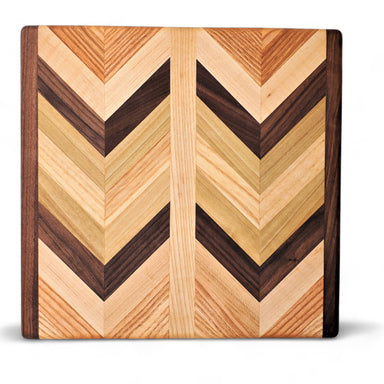 handcrafted cutting board with unique chevron pattern, made from hardwoods for years of use
