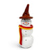 A handcrafted glass snowman figurine with a brown pointed hat, black glasses, a red and yellow scarf, and a white body. 