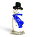 A handcrafted snowman figurine made of glass, featuring a black top hat, a bright blue scarf, and a small orange nose.