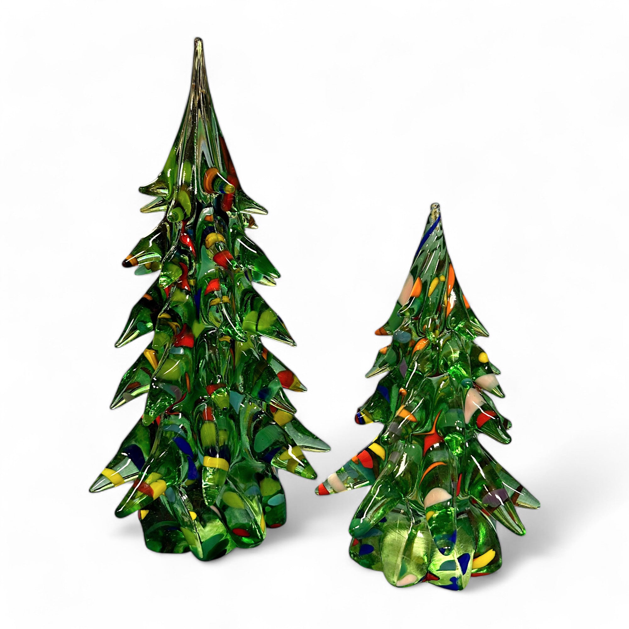 handcrafted solid glass holiday trees in two sizes