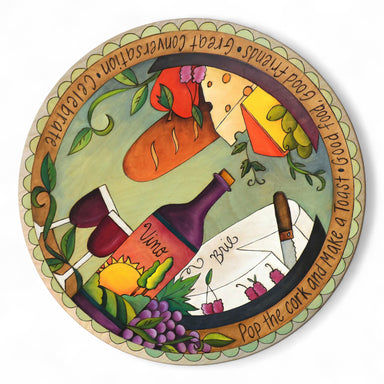 Decorative 18" lazy susan with wine-themed illustrations and text