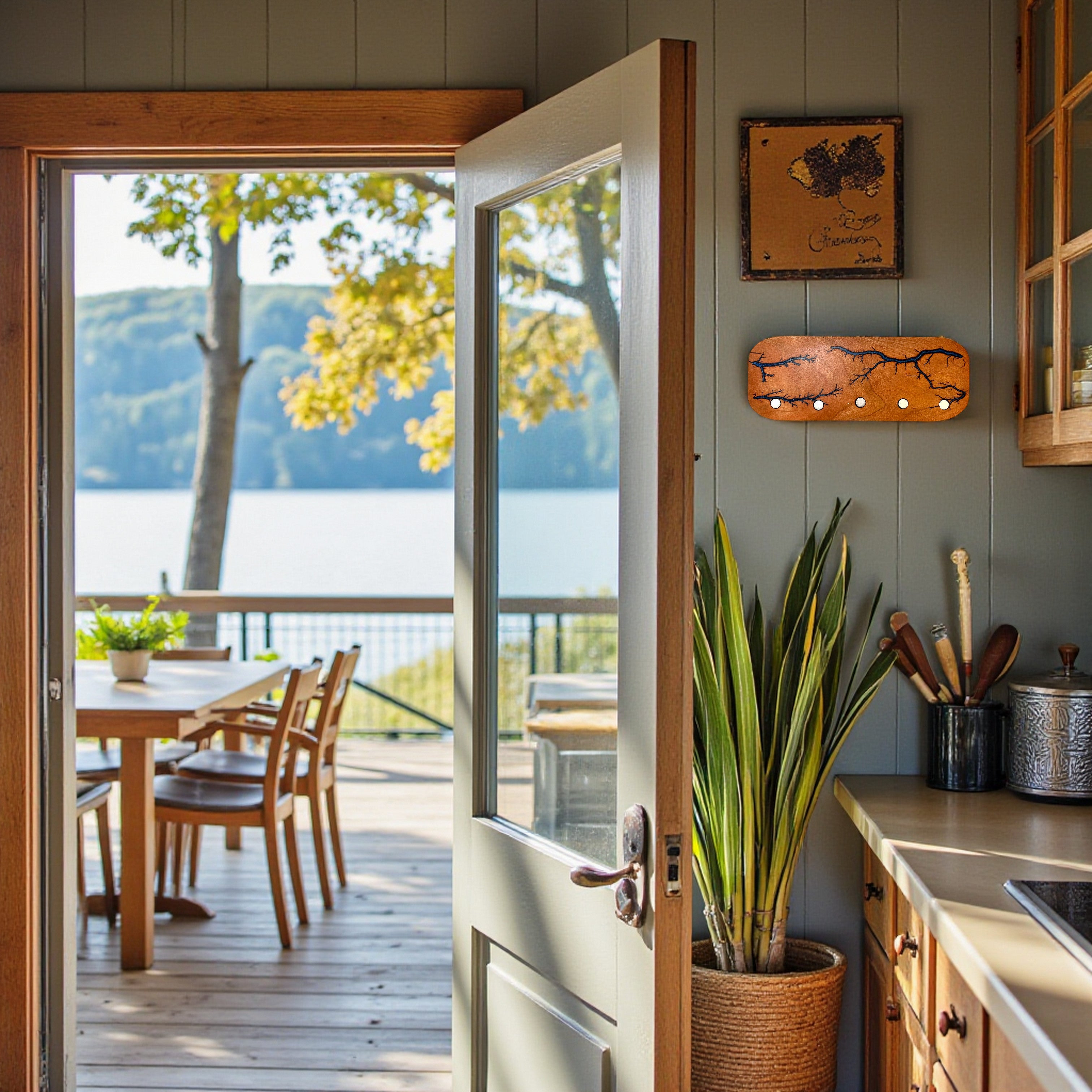 handcrafted key holder with five strong magnets hanging on a kitchen wall