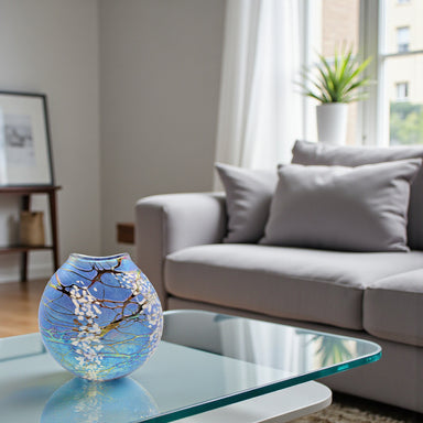 Decorative vase on a glass coffee table in a living room setting