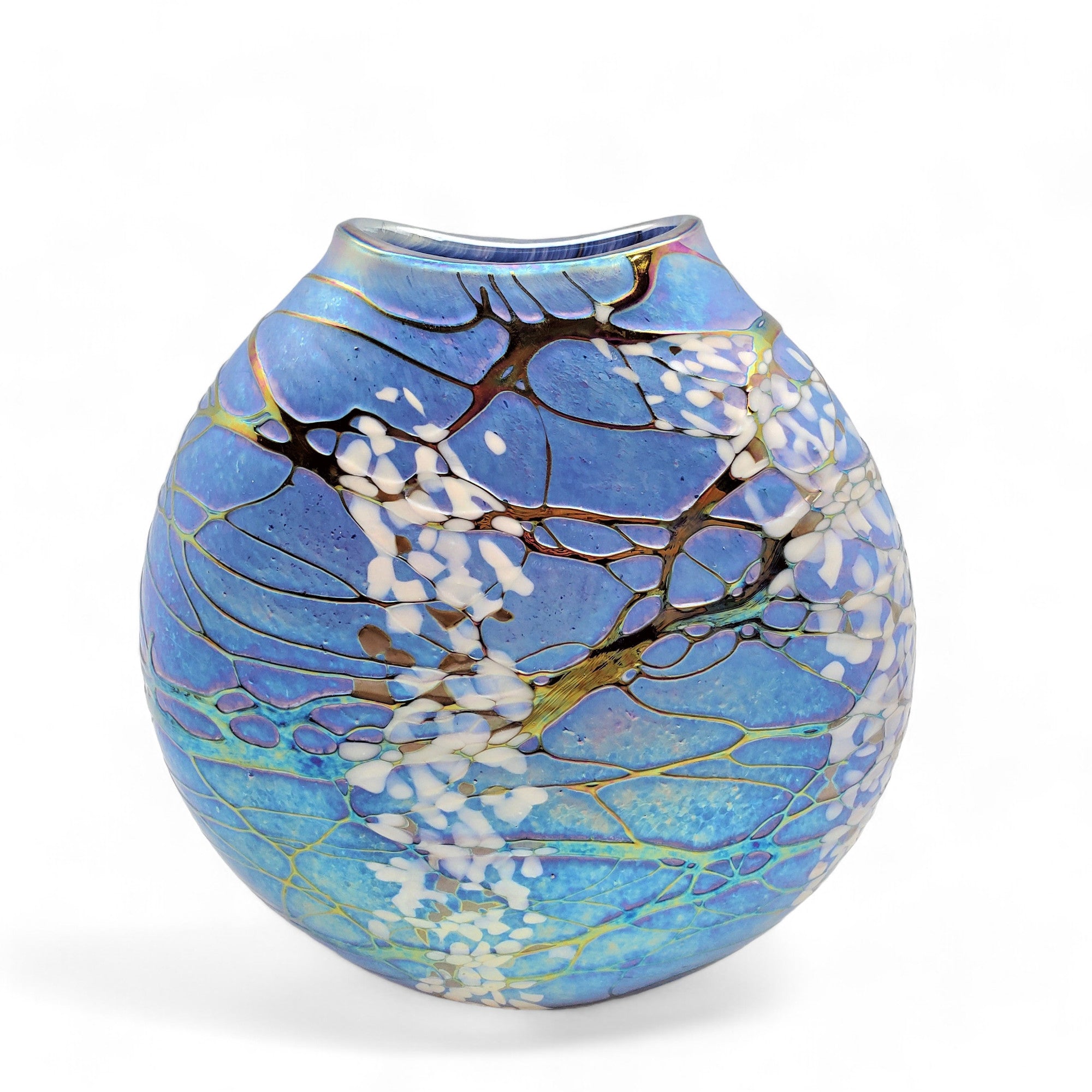 A large, flat-styled glass vase with a turquoise and silver pattern, featuring a unique design with no visible handles or feet.