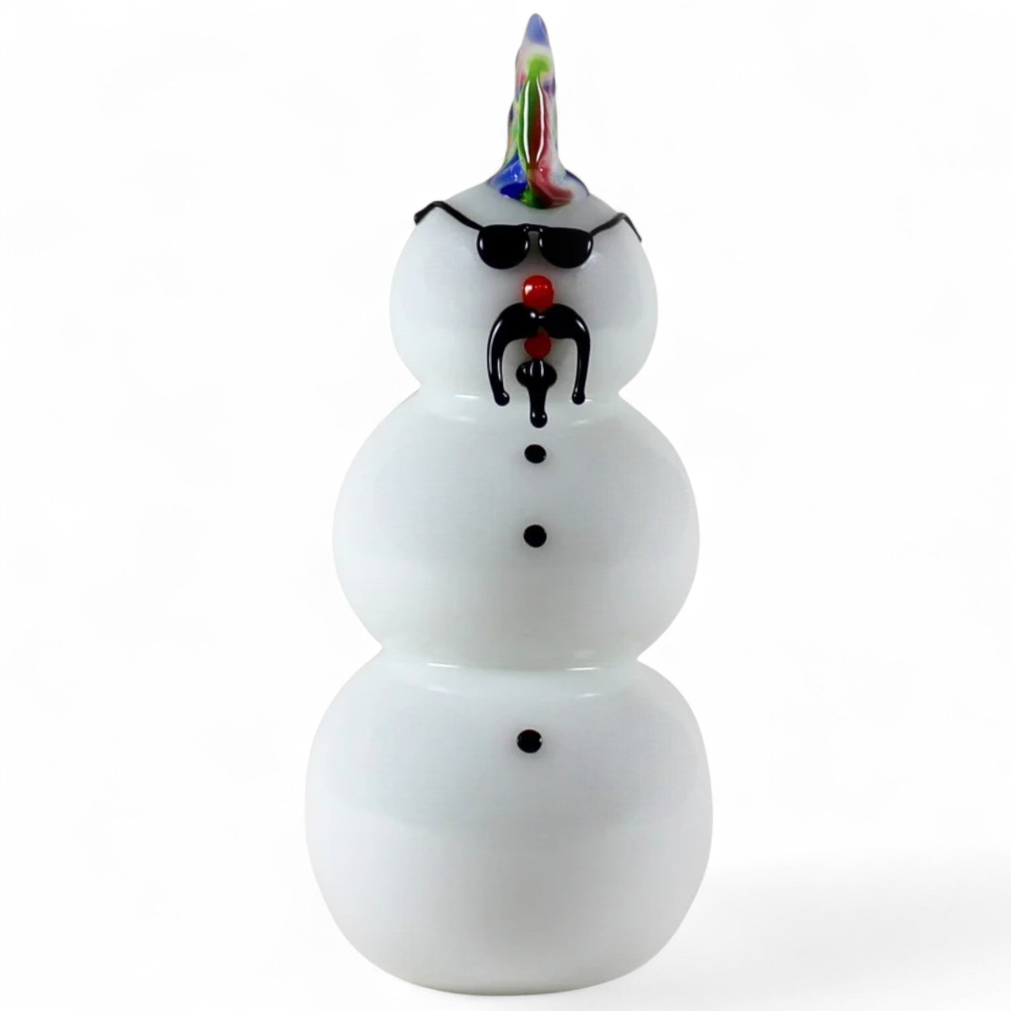 Three-layered snowman figurine with a colorful hat, black sunglasses, and a red nose on a white background.