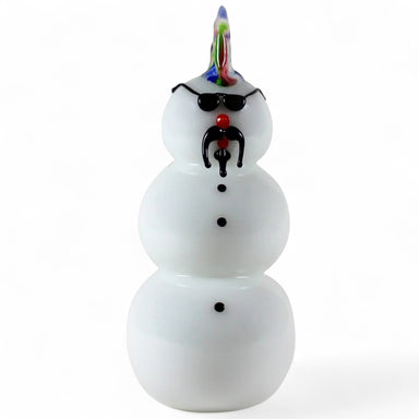 Three-layered snowman figurine with a colorful hat, black sunglasses, and a red nose on a white background.