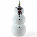 Three-layered snowman figurine with a colorful hat, black sunglasses, and a red nose on a white background.