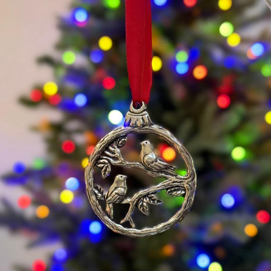 handcrafted pewter ornament with two turtle doves design