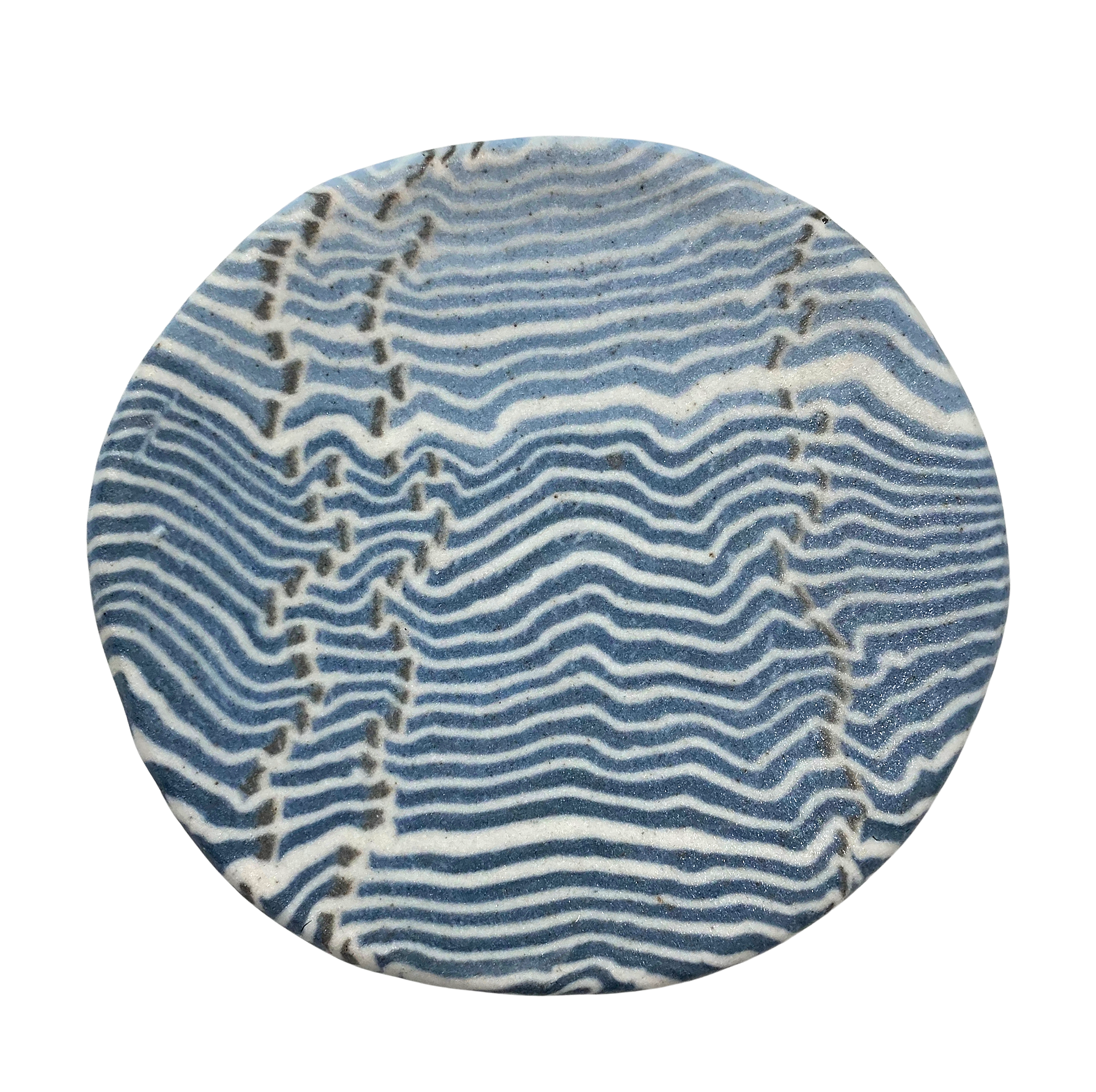 A round porcelain dish with a blue and white striped pattern.