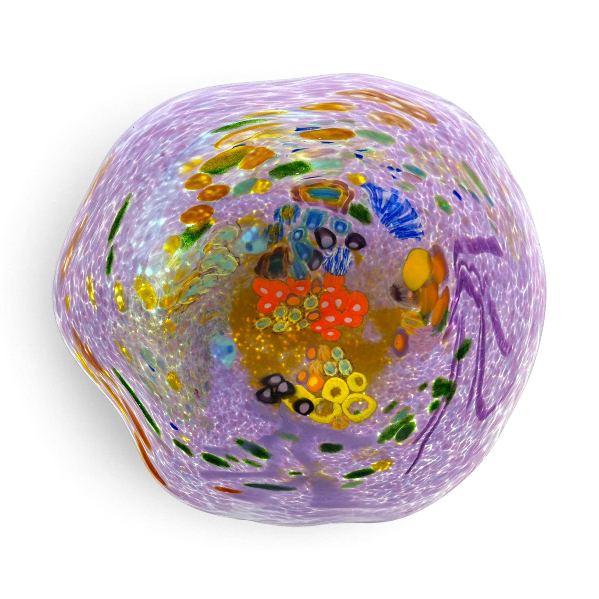 A reef bowl hand-blown glass art piece with a lavender-purple base and multicolored glass inclusions, including orange, yellow, green, blue, and black details.