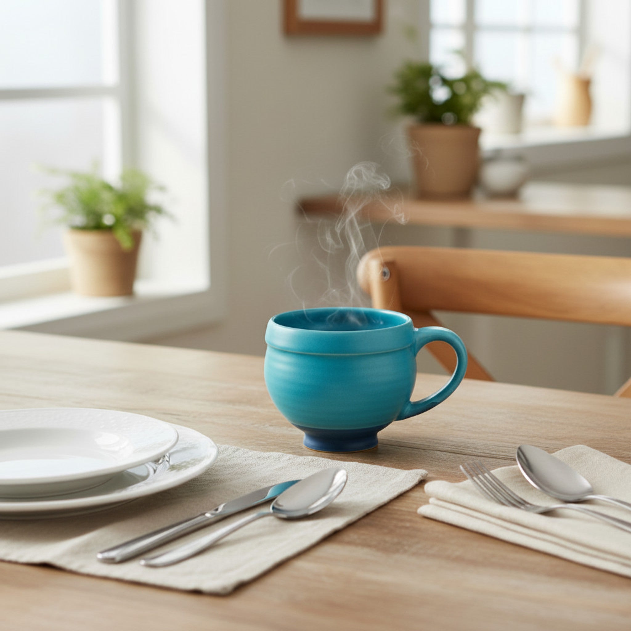 Using a bright blue handcrafted ceramic mug in a bright kitchen is a great way to start your day
