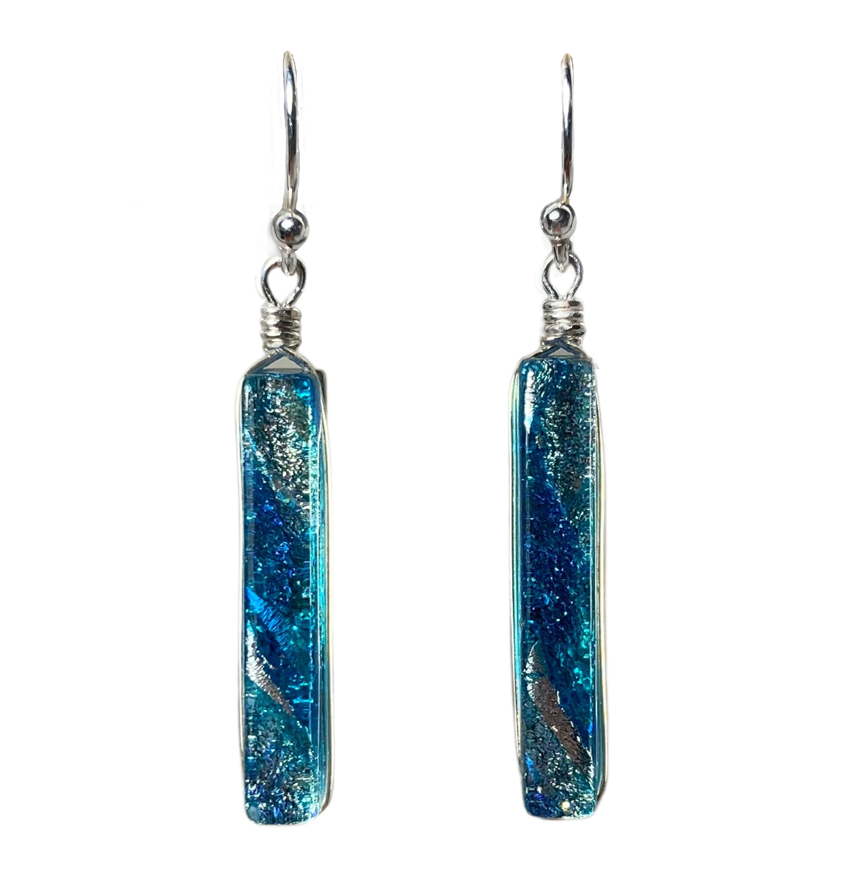 A pair of sea blue rectangle earrings with sterling silver ear wires, crafted from dichroic glass and polished with silver-filled wire.