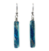 A pair of sea blue rectangle earrings with sterling silver ear wires, crafted from dichroic glass and polished with silver-filled wire.